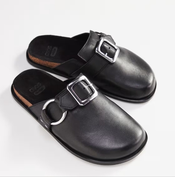 ASOS DESIGN Muse Premium black leather mule silver buckle black NWT sz.7 slides - Picture 1 of 7